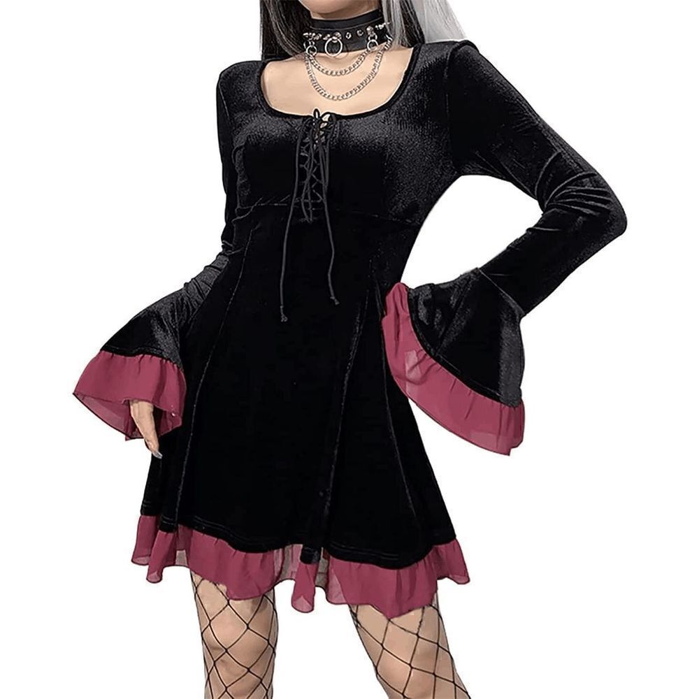 🖤 Goth Lace-Up Retro Black Velvet Long Flare Sleeve Steampunk Dress SIZE M NEW